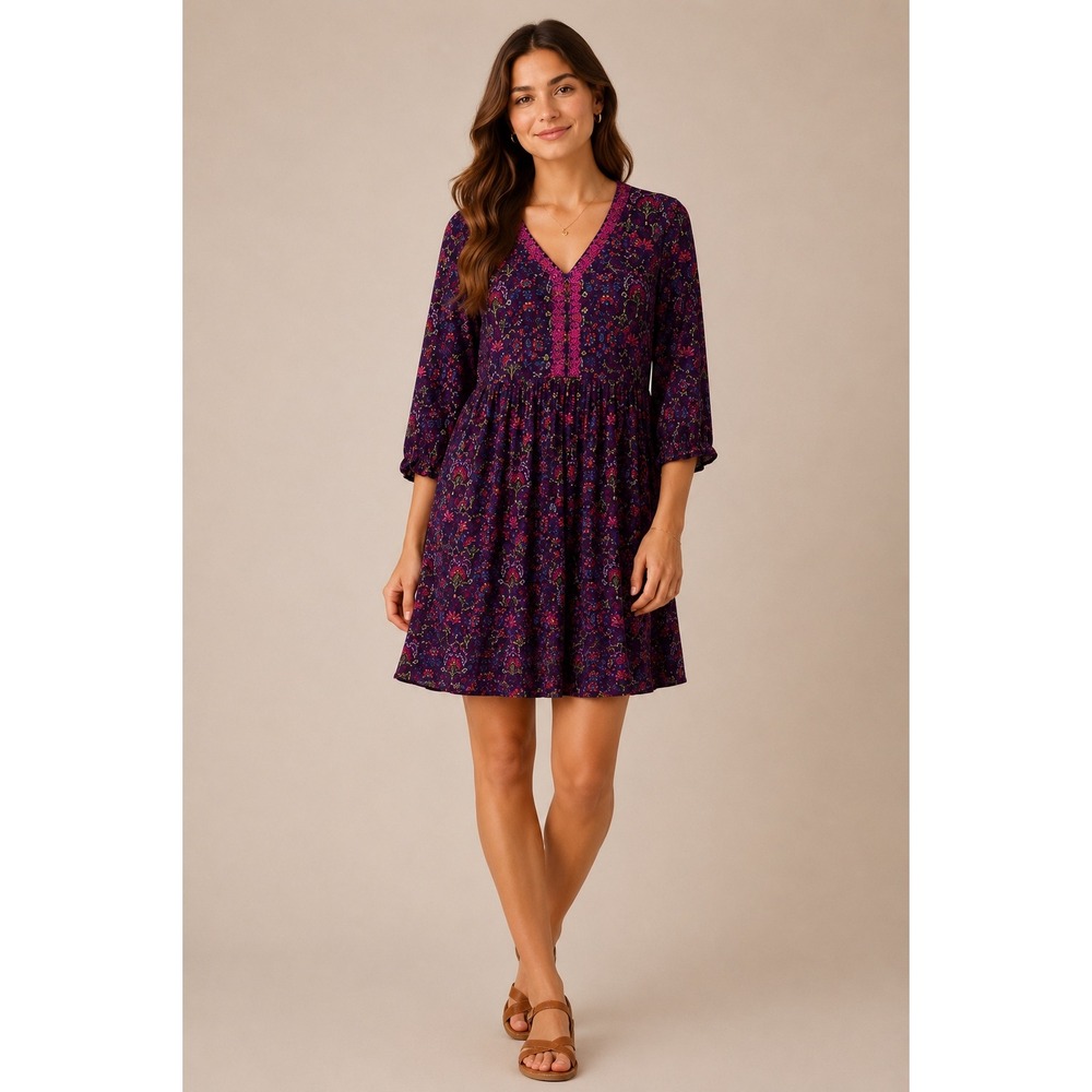 J.Jill East Village Deep Plum Embroidered Floral Mini Peasant Dress S‎ Boho